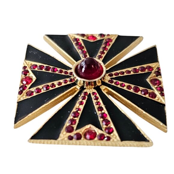 Maltese Cross Brooch Black Enamel, Red Rhinestone Pin Pendant - Picture 3 of 10